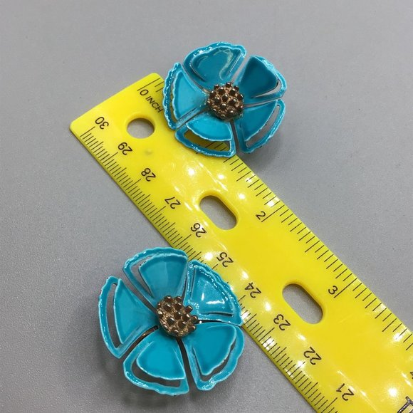 Teal Blue Enamel Flowers Earrings Clip On Flower Power 70s Fun Colorful Jewelry - Picture 9 of 9